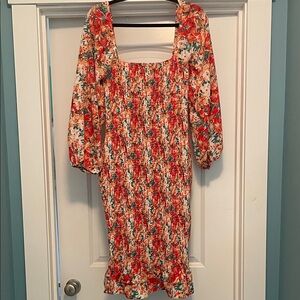 Pink Lily Floral Smocked Midi Dress - Red, Green & Cream